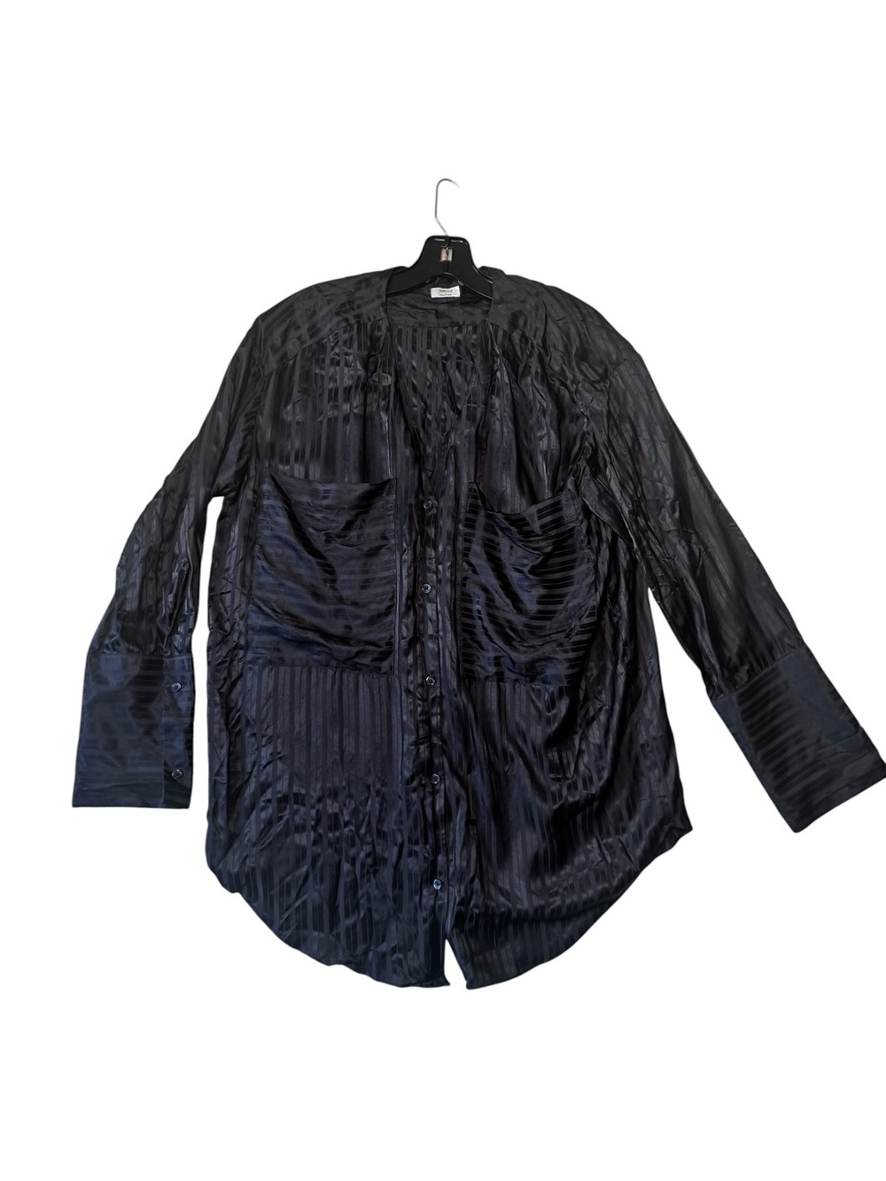 Aritzia Wilfred Zelie Silk Satin Stripe Shirt V Black Buttons Blouse Long Sleeve - Picture 5 of 16